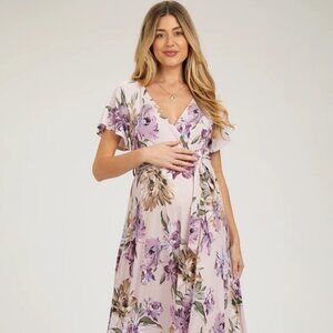 Purple Floral Print Wrap Front V-Neck Hi-Low Maternity Midi Dress